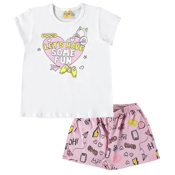 Pijama Curto Infantil Rollu com Estampa Divertida de Corações