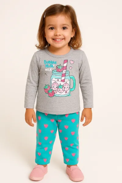 Pijama Infantil Menina Bubble Strawberry Cinza